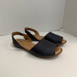 Born Sandals Slingback Flats Peep Toe Leather Comfort Travel Dark Navy Blue
